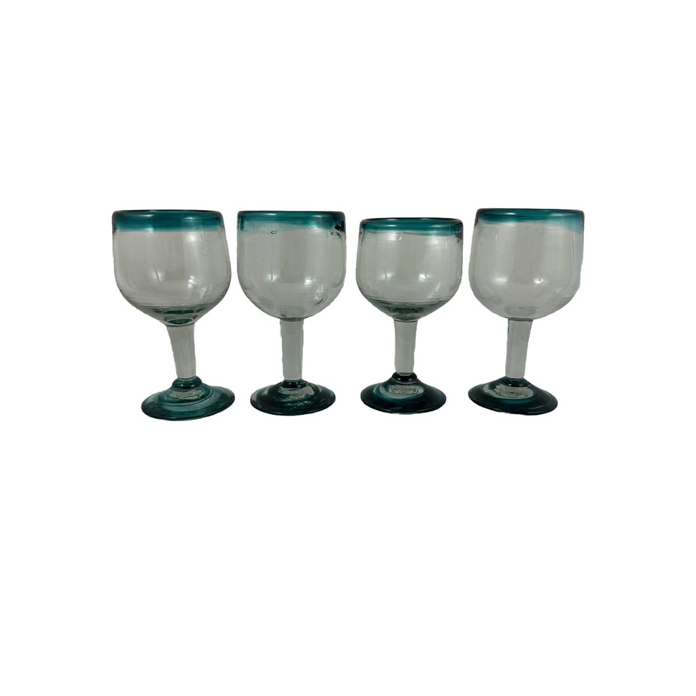 Mexican Wine/Margarita Glasses Goblets 14 oz Turquoise Rim Swirl Base ~7" Set 4
